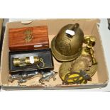 A BOX OF METALWARES, including an AA badge, Jaguar car mascot, reproduction telescope in box,