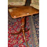 A GEORGE III RECTANGULAR CHERRYWOOD AND OAK TILT TOP TRIPOD TABLE, turned pedestal to splayed legs