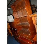 AN OAK WATERFALL BOOKCASE with a single drawer, a Georgian mahogany Pembroke table with a single