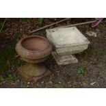 A SQUARE COMPOSITE GARDEN PLANTER on a separate base, 51cm squared x height 44cm together with a