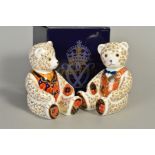 TWO ROYAL CROWN DERBY PAPERWEIGHTS, boxed 'Teddy Bear' (blue box tie), gold stopper and 'Debonair