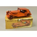 A BOXED WV WOOD WOODEN MODEL OF AN MG-TC CAR, missing spare wheel from boot lid but otherwise