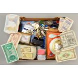 A SMALL BOX OF MAINLY COSTUME JEWELLERY, to include a pair of drop earrings, stamped 9ct,