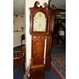 A GEORGE III OAK, MAHOGANY BANDED AND INLAID LONGCASE CLOCK, broken swan neck pediment with columns,