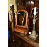A VICTORIAN SILVER PLATED COLUMN TABLE LAMP, together with a Victorian walnut swing mirror and an
