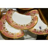 THREE ROYAL CROWN DERBY CRESCENT SHAPED SALAD PLATES, A1359 'Heritage' pattern pink and lilac ground