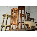 AN EDWARDIAN NURSING CHAIR, an Art Nouveau elbow chair (missing seat), oak plant stand and two other