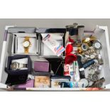 A BOX OF MAINLY WATCHES AND CUFFLINKS, to include mainly gentleman's wrist watches, a hip flask,