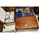 A VICTORIAN WALNUT WORK BOX, with an assortment of accessories, another Victorian walnut and