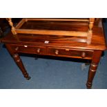 A VICTORIAN MAHOGANY SIDE TABLE with two drawers on turned legs, width 90cm x depth 48cm x height