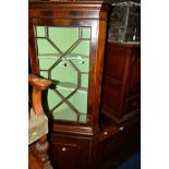 A REPRODUCTION MAHOGANY GLAZED SINGLE DOOR CORNER CUPBOARD, with a painted interior, together with