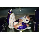 THREE ROYAL CROWN DERBY PAPERWEIGHTS, 'Owl', 'Quail' and 'Penguin', all with gold stoppers (3)