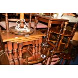 AN OLD CHARM OAK NEST OF THREE TABLES, two various oak occasional tables and a standard lamp (4)