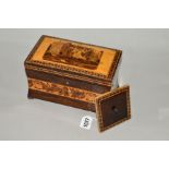 A TUNBRIDGE WARE TEA CADDY, with building and floral inlaid decoration, waisted body and bun feet,