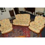 AN ERCOL WINDSOR JUBILEE GOLDEN DAWN THREE PIECE COTTAGE SUITE, spindle backs, turned legs and