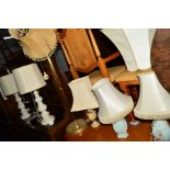 A COLLECTION OF VARIOUS LAMPS, to include a pair of white ceramic table lamps, brown glazed table