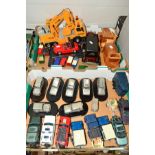 TWO BOXES OF DIECAST, PLASTIC AND WOODEN VEHICLES, including Land Rovers and Range Rovers (two