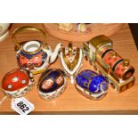 SIX PIECES ROYAL CROWN DERBY, to include three paperweights, 'Ladybird' (seven spots) gold