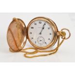 A FULL HUNTER ELGIN GOLD PLATED POCKET WATCH AND LATER CHAIN, the white face with Arabic numerals,