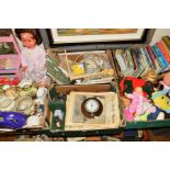 FIVE BOXES AND LOOSE SUNDRY ITEMS, to include books, tapestry items, ceramics, child's dolls and