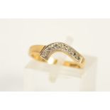 A 9CT GOLD DIAMOND RING, designed as a shaped band set with seven single cut diamonds, with 9ct
