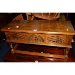 A LONG OAK HINGED CHEST and an Art Deco walnut mantle clock (2)