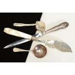 FOUR ITEMS OF FLATWARE, to include a mother of pearl handled, silver plated serving butter knife