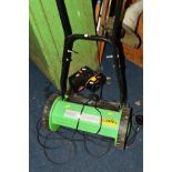 A RYOBI BATTERY POWERED GARDEN STRIMMER, with a spare battery and a push along lawnmower (3)