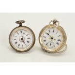 TWO LATE 19TH/EARLY 20TH CENTURY LADIES FOB WATCHES, decorative enamel dials, one stamped .935,