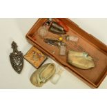 A BOX OF MAINLY MINIATURE DOLLS HOUSE ITEMS, to include a pair of suede dolls shoes, miniature iron,