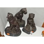 THREE REPRODUCTION BRONZED METAL FIGURES OF SEATED BULLDOGS, mounted on marble bases, height 21.