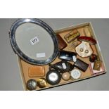 A SELECTION OF ITEMS, to include an oval silver plated picture frame, a horn trinket box, a carved