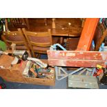 TWO BOXES OF VARIOUS HAND TOOLS including drills, saws etc, together with a Flymo garden vac,