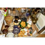 TWO BOXES OF CERAMICS, GLASSWARE AND METALWARE, including studio pottery, five decanters and