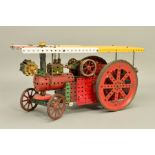 A CLOCKWORK MECCANO HOME BUILT MODEL OF A SHOWMANS TRACTION ENGINE, not tested, no key, appears
