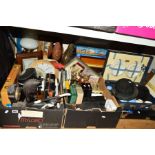 FOUR BOXES OF COLLECTABLES, games and board games, a Brexton picnic set, a cased pool cue, metal