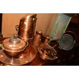 A COLLECTION OF VARIOUS COPPER to include a twin handled pan, coal scuttle, two hay stack