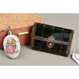 A PINK SHAGREEN COVERED CIGARETTE BOX, a late Victorian silver mounted crocodile skin purse,