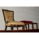 AN AESTHETIC MOVEMENT EBONISED BEDROOM CHAIR, together with an oak chair and a stool (3)