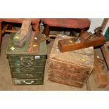 AN EDWARDIAN GREEN PAINTED PINE MINIATURE CHEST OF FIVE DRAWERS, a small pine tool chest, two