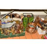 THREE BOXES AND LOOSE SUNDRY ITEMS, METALWARES ETC, to include football rattles, bird scarer, copper