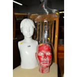 A CHILD'S SHOP DISPLAY MANNEQUIN (missing arms), wire frame mannequin, fibre glass human head model,