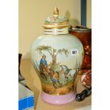 A 20TH CENTURY DRESDEN PORCELAIN JAR AND COVER, hand painted with scenes of cavaliers on horses in a