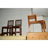 A PAIR OF 20TH CENTURY OAK HALL CHAIRS, walnut swing mirror, dressing table mirror and a telephone