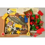 A WOODEN BOX CONTAINING A QUANTITY OF ASSORTED MECCANO, assorted eras from blue and gold cross