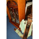 A SMALL OAK SEWING BOX, mahogany wall hanging two door bookcase and a military folding camping