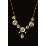A PERIDOT, SEED PEARL AND DIAMOND PENDANT NECKLACE, designed as three square peridot and seed
