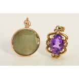 TWO 9CT GOLD PENDANTS, the first designed as an oval amethyst within an openwork scrolling surround,