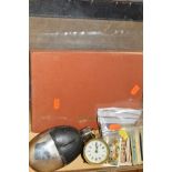 A SMALL BOX OF SUNDRIES, to include a small brass barrel shaped alarm clock 'The British United