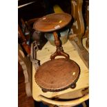 AN EDWARDIAN MAHOGANY WINE TABLE, oval leather topped footstool, an oak cane seated elbow chair